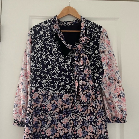 1901 Tie Neck Colorblock Mixed Floral Print Dress - Picture 6 of 7